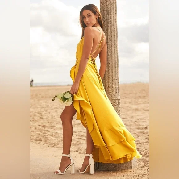 NWOT‎ Lulus In Love Forever Mustard Yellow Satin Lace-Up High-Low Maxi Dress - Picture 4 of 10